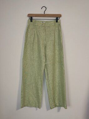 OVI Celery Green Linen Blend Pleated Wide Leg Trousers Sz S